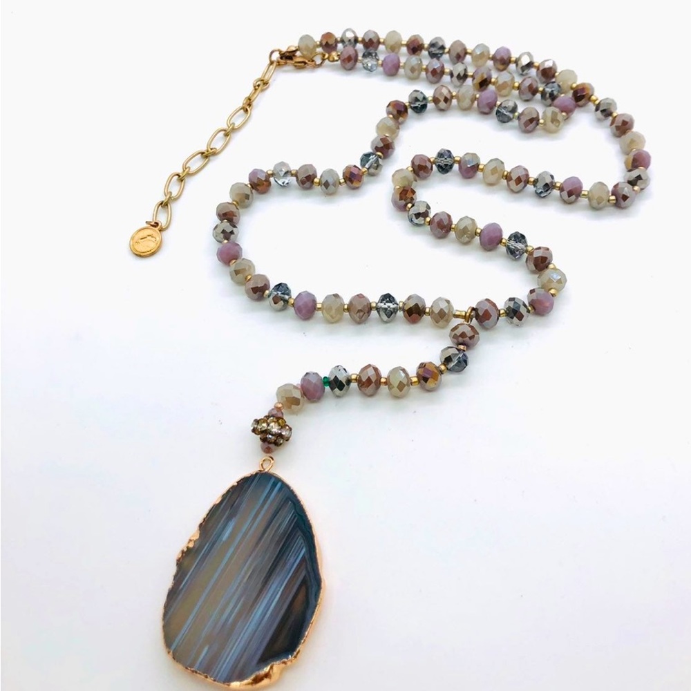 Vintage Designer Slice Pendant Crystal Bead Necklace